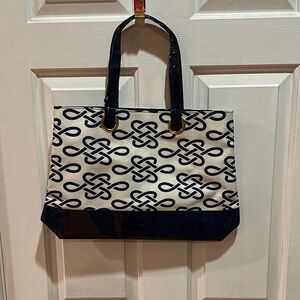 Navy and Cream Patterned canvas and vinyl Tote Bag